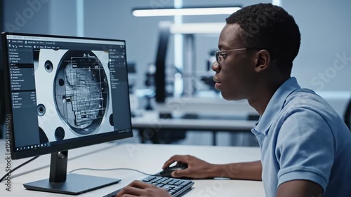 African american man designer working on 3d model of mechanical part. Professional engineer using software for industrial design in modern laboratory office space.