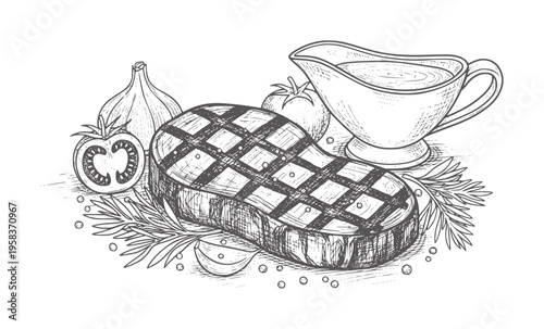 Hand drawn grilled steak with rosemary tomatoes and gravy boat garlic