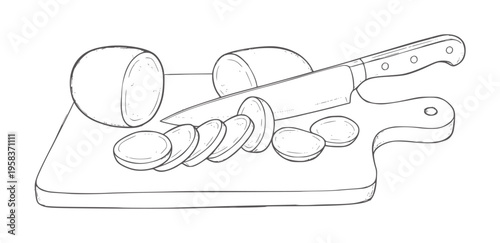 Hand drawn of a knife slicing a round food a wooden cutting board preparation