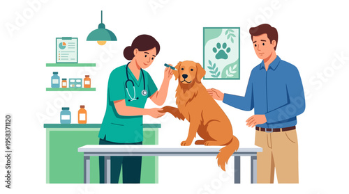 Veterinarian examining a golden retriever dog with owner present.