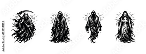 Black and white grim reaper and ghostly figures illustration, haunting silhouette vector elements