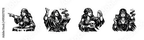 Set of mystic fortune teller illustrations featuring women with crystal ball tarot cards and skull in black and white vector style