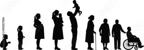 human life stages silhouettes, baby to elderly sequence, family aging concept, lifecycle development illustration, generational timeline design, black vector artwork