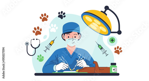 Veterinarian Performing Surgery with Medical Instruments.