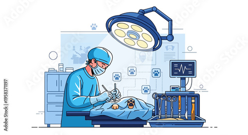 Veterinarian performing surgery on a dog under bright lights.