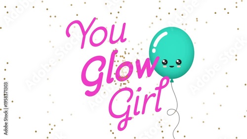 Animation of you glow girl, green balloon and yellow dots on white background