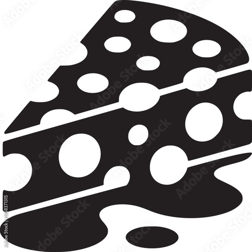 A black and white graphic depiction of a wedge of swiss cheese with holes and melting bottom edge