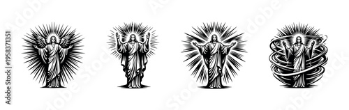 Black and white vector, silhouette illustrations of angelic figures with radiant designs