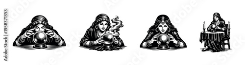 Vintage illustration of fortune teller with crystal ball in black and white vector style
