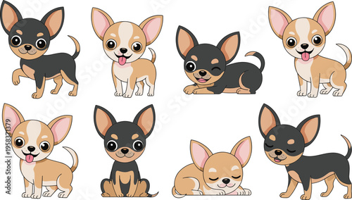 Cartoon illustration of a collection of 8 cute Chihuahua puppies in different playful poses, perfect for animal lovers and children’s content