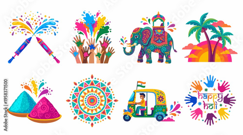 Vibrant vector illustrations of Holi festival celebrations with colorful powders and fireworks in a tropical environment.
