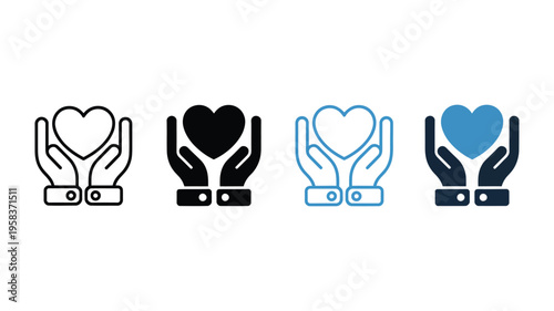 Kindness icon set, multiple style collection featuring heart, helping hand, care, compassion, support, and empathy symbols, clean modern vector design