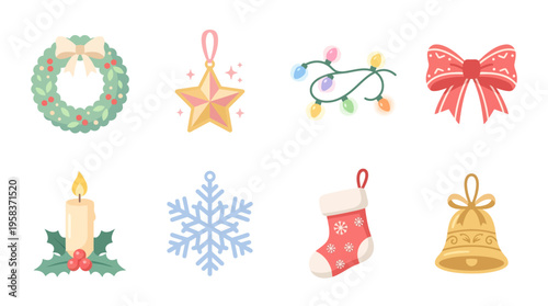A vector illustration of Christmas icons including a wreath star lights bow candle snowflake stocking and bell on a white background.