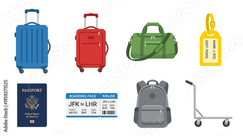 Vector illustration of various travel bags and luggage with travel documents on a clean surface.