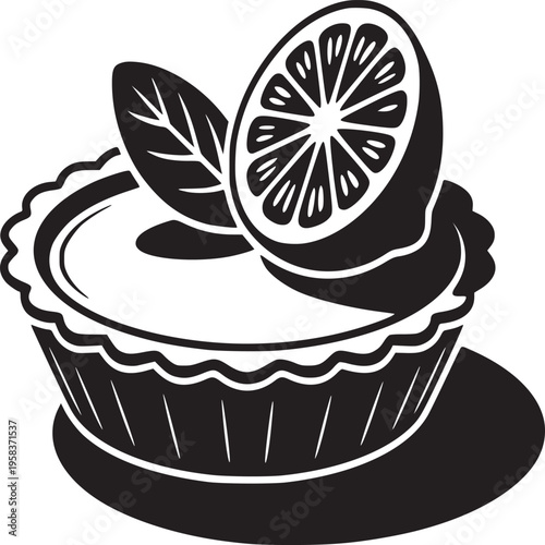 Black and white graphic of a lemon tart with a slice of lemon and a leaf on top of the filling