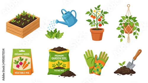 A vector illustration of a garden setup with plants, gardening tools, and supplies, showcasing a serene outdoor activity with a raised bed, potted plants, and a watering can.
