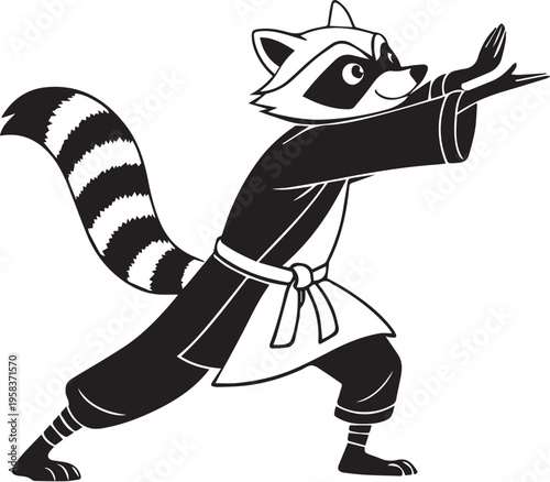 Minimalist Kung Fu Raccoon Mascot in Fighting Pose Black and White Vector