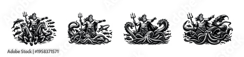 Four black and white mythological poseidon illustrations with tridents and marine creatures in vector style
