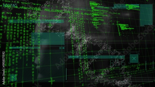 Animation of diverse data processing and dna on black background