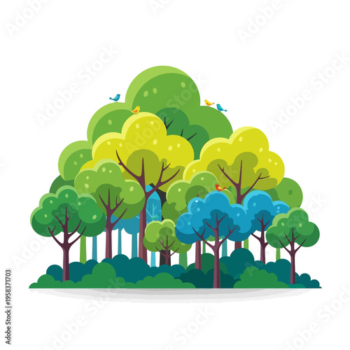 Vibrant Forest Scene with Diverse Trees and Birds.