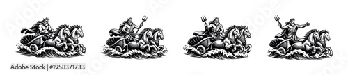 Poseidon riding chariot vector illustration black and white silhouette mythological theme