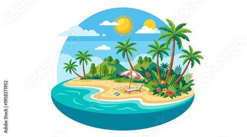 Tropical Island Paradise Beach Scene with Palm Trees and Ocean.