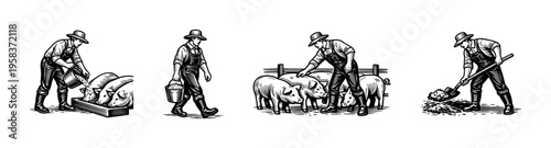 Farmer feeding pigs black and white vector illustration farm life silhouette elements