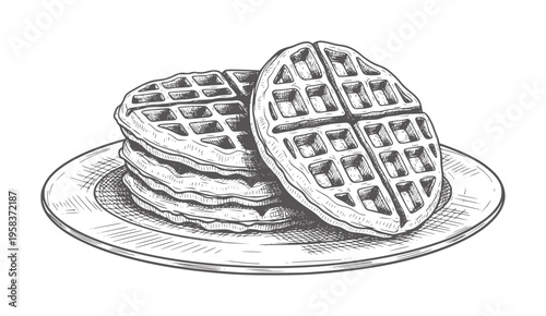 Stack of round waffles a plate in a style food breakfast