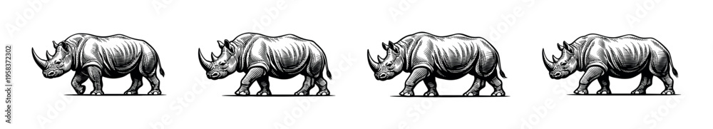 Fototapeta premium Black and white vector illustration of a rhinoceros silhouette in botanical design