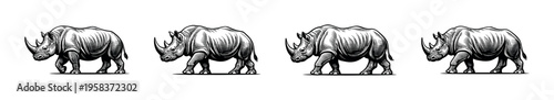 Black and white vector illustration of a rhinoceros silhouette in botanical design