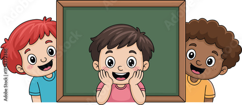 Cartoon illustration of three happy children with diverse hair colors, smiling behind a chalkboard
