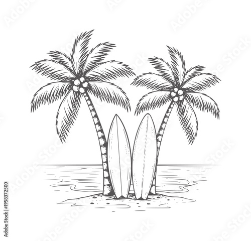 Two surfboards lean against palm trees a sandy beach with ocean waves