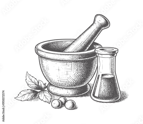 Vintage mortar pestle with flask and herbs for apothecary or herbal medicine basil