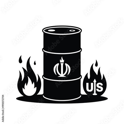 Flaming oil barrel with symbol and text representing potential conflict