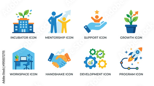 Business incubation and mentorship program icons showcase vector graphics for startup support and growth in a modern workspace.