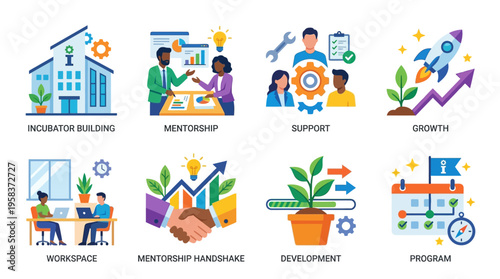 Vector illustration of a business incubator building with people working and growing in a supportive program environment with mentorship and development.