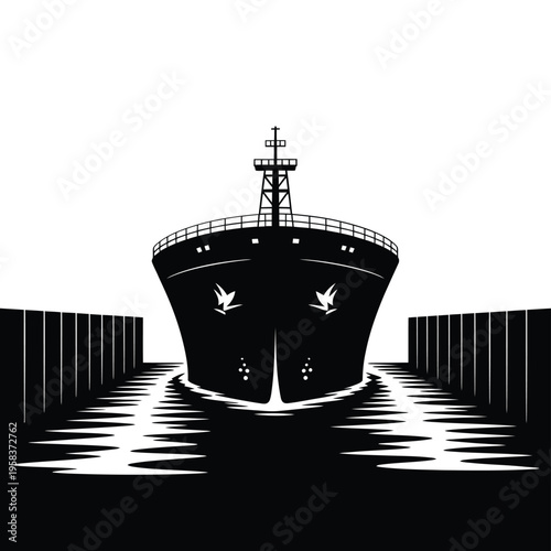 Black and white illustration of a large ship entering a canal lock