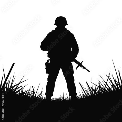 Silhouette of a soldier standing in tall grass against a bright sky