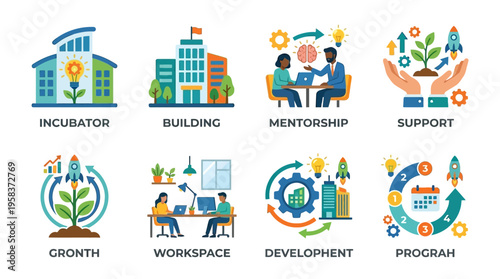 Business incubator provides mentorship and support for growth in a modern workspace with a development program in a vector graphic illustration.