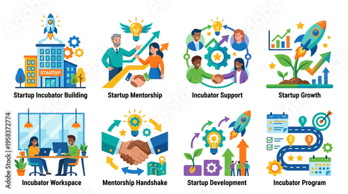 A vibrant vector illustration showcasing a startup incubator program with various scenes of business development, mentorship, and growth in a modern workspace.