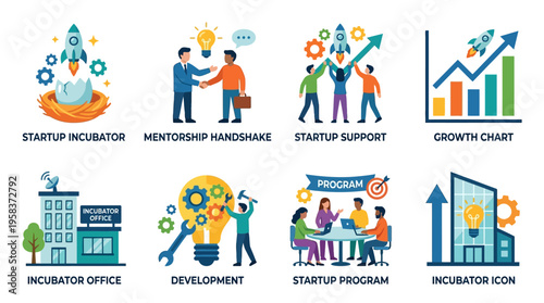 Vector graphics illustrate a startup ecosystem with incubator office, mentors, and development team working together in a modern business environment with growth charts and icons.