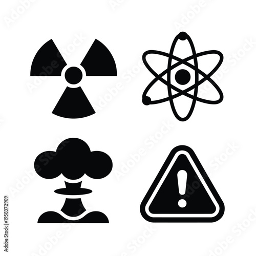 Black icons depicting radiation atomic structure biohazard and warning