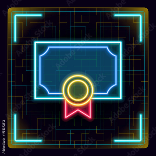 Degree certificate diploma vector. Achievement document illustration. Futuristic tech editable glowing illustration.
