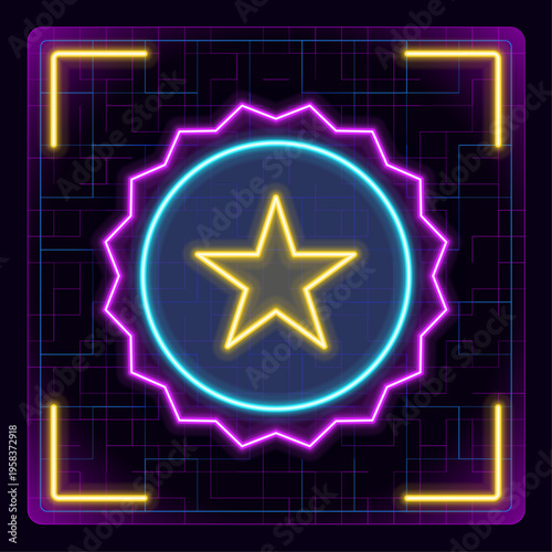 Round circle star badge icon. Cyber neon futuristic icon. Review, award, badge, premium, customer feedback.