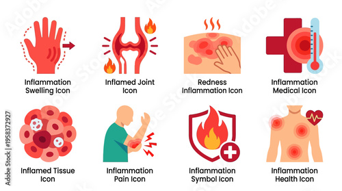 A vector illustration of inflamed joints and tissues showing symptoms of inflammation and pain in a human body with medical icons.