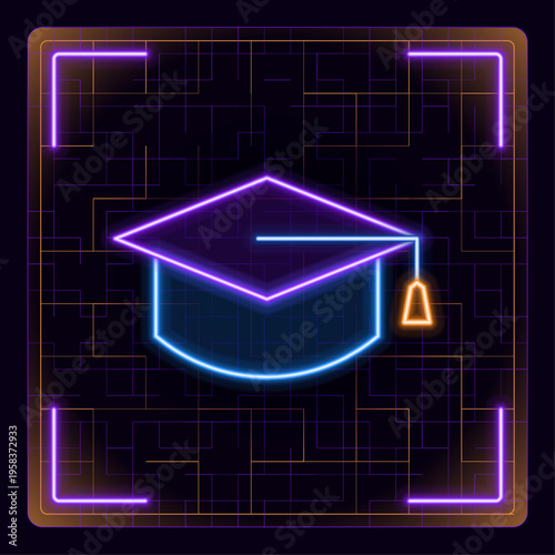 Graduation, education cap symbol. College, school and university graduation ceremony sign, academical degree. Glowing icon with border grid vector.