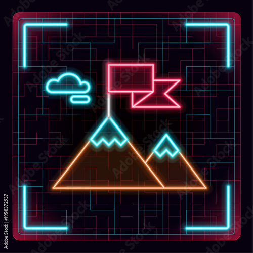 Success goal achievement illustration. Glowing icon with border grid vector. mountain flag