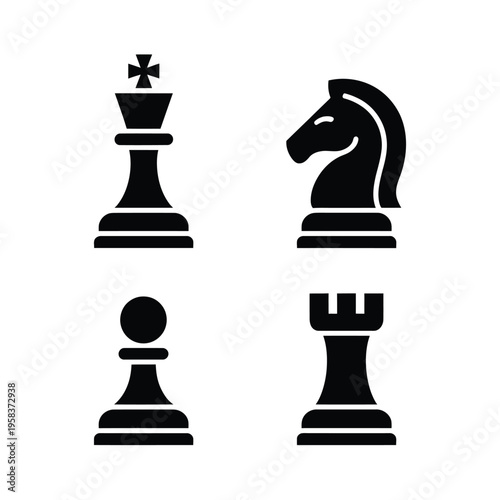 Black chess pieces king knight pawn and rook displayed in silhouette