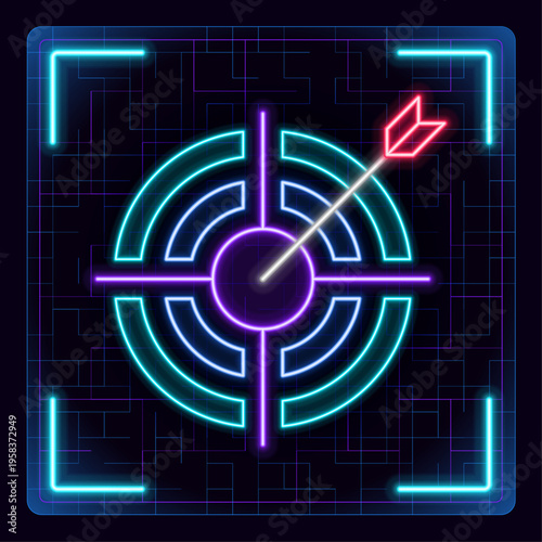 Target, goal symbol icon. Simple target with arrow. Darts icon. Futuristic tech editable glowing illustration.