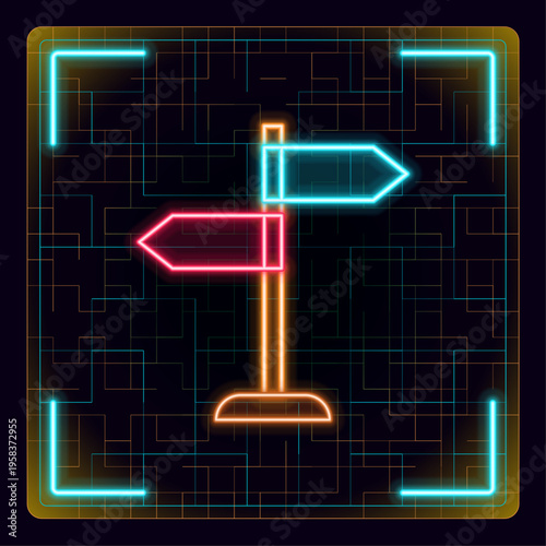 Directional signpost, strategic decision making. Business guidance, career path options, travel destination choices. Neon glow editable icon design.